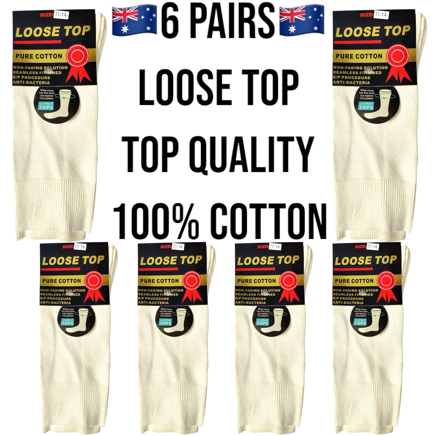 6 Pairs 11-14 Cream 100% Cotton Loose Top Socks