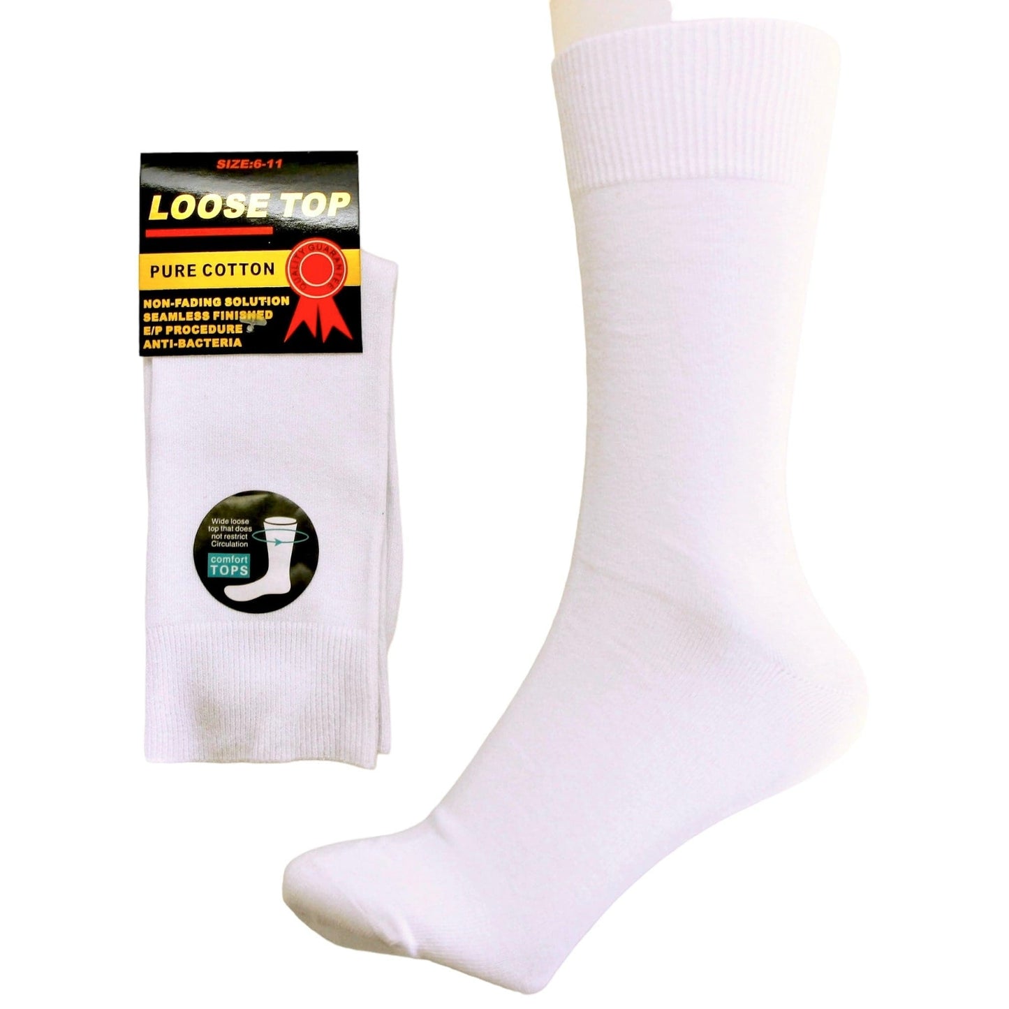 6 Pairs White 100% Cotton Loose Top Socks