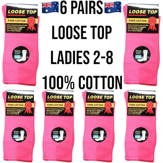 6 Pairs 2-8 Pink 100% Cotton Loose Top Socks