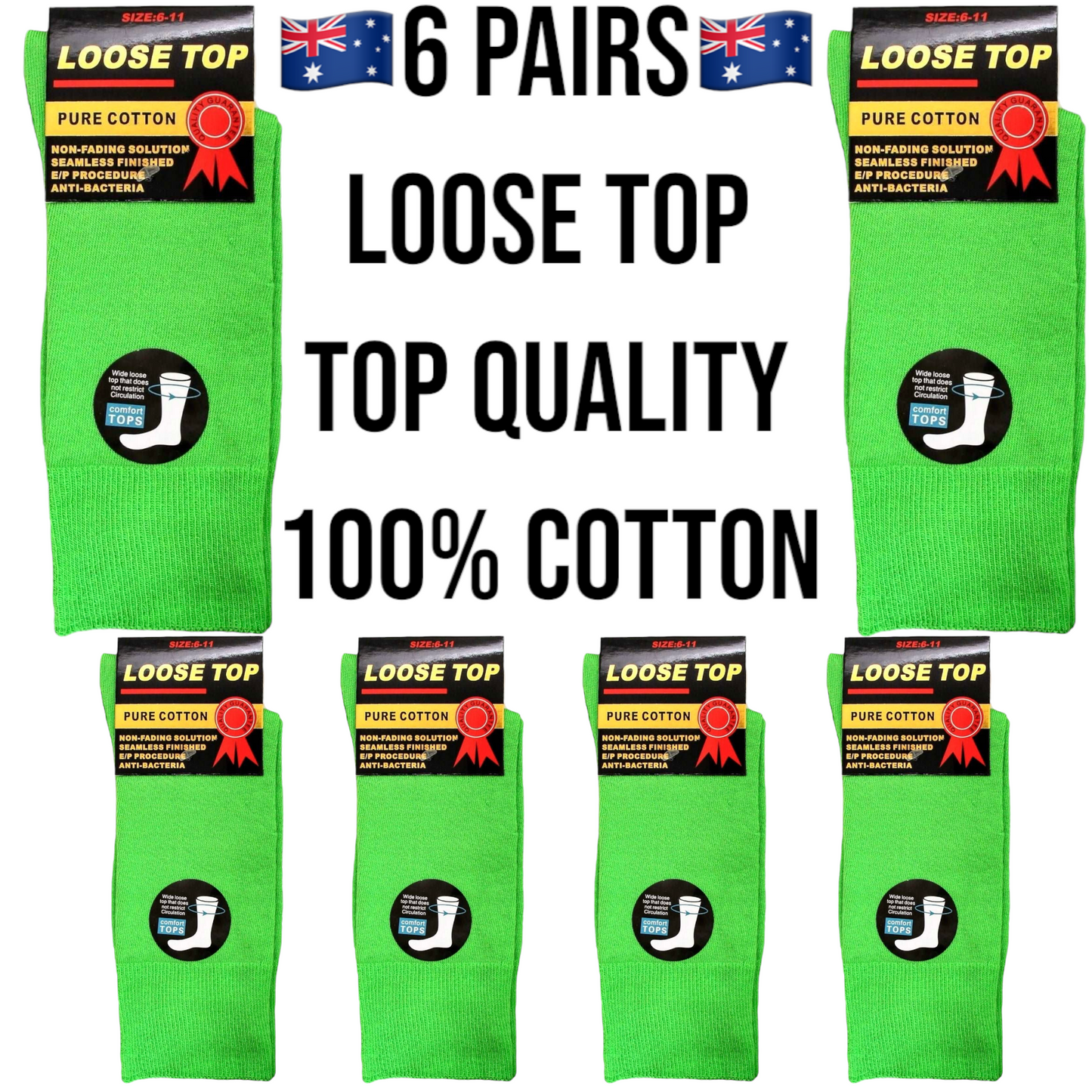 6 Pairs 6-11 Green 100% Cotton Loose Top Socks