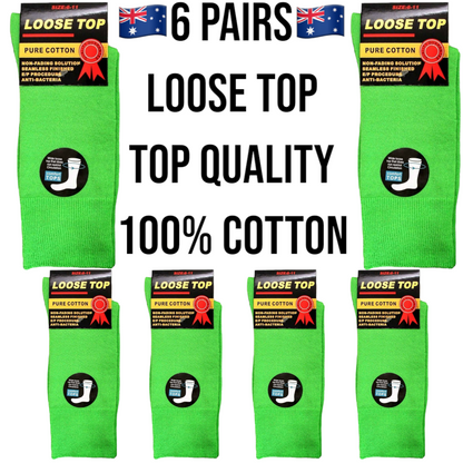 6 Pairs 6-11 Green 100% Cotton Loose Top Socks