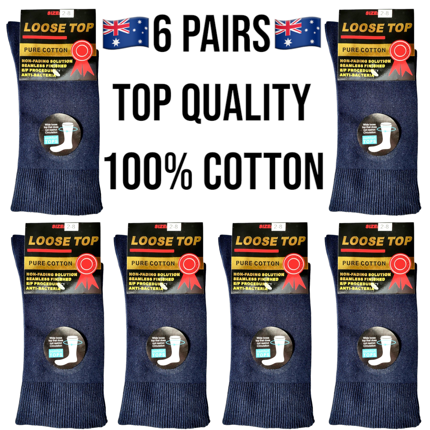 6 Pairs Navy 100% Cotton Loose Top Socks