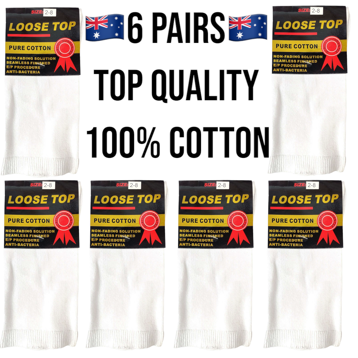 6 Pairs White 100% Cotton Loose Top Socks